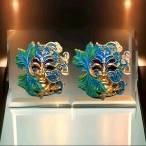 Vintage Estate Mystical Handpainted Masquerade Mardi Gras Mask Gold Earrings